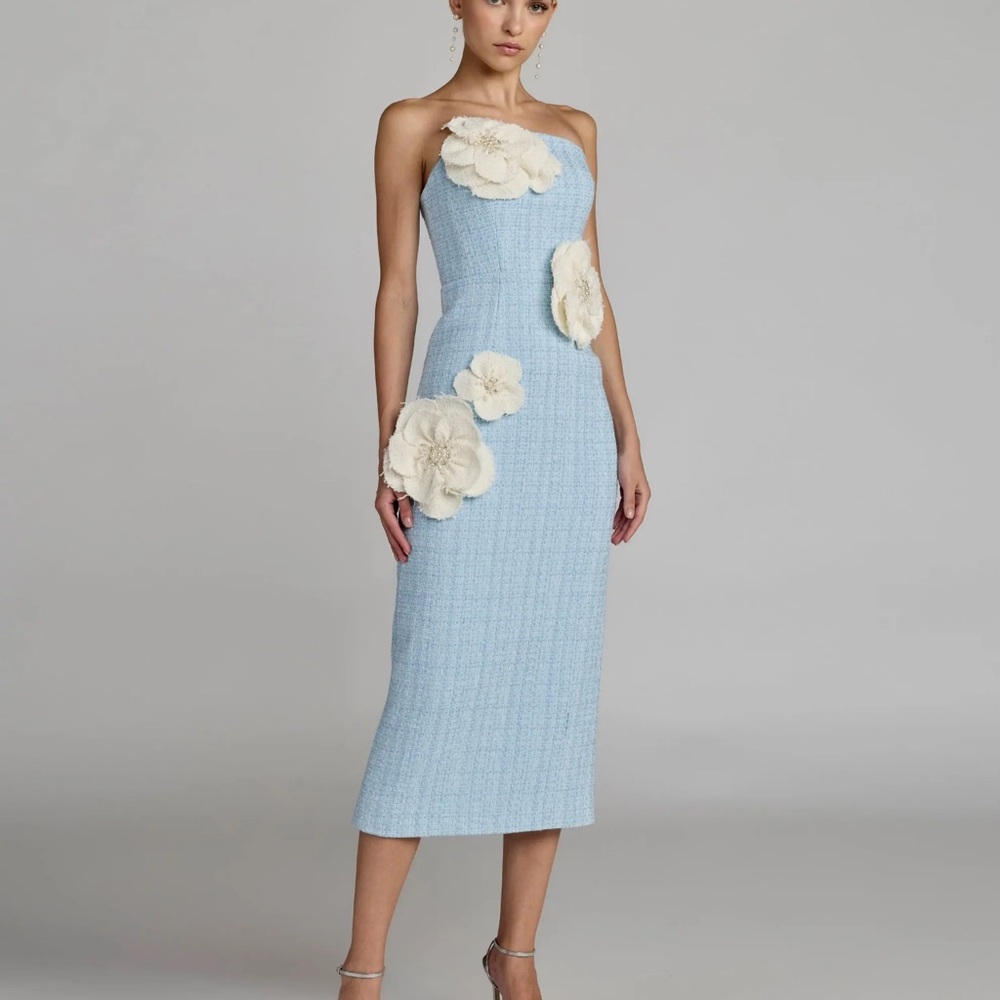 Mac Duggal Strapless Light Blue Midi Dress with Cream Floral Appliqués